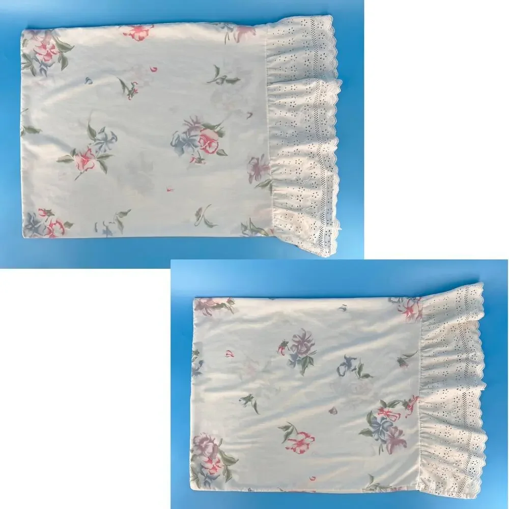 70s Cottagecore Floral Vintage Pillowcases Eyelet Lace Ruffle Set of Two